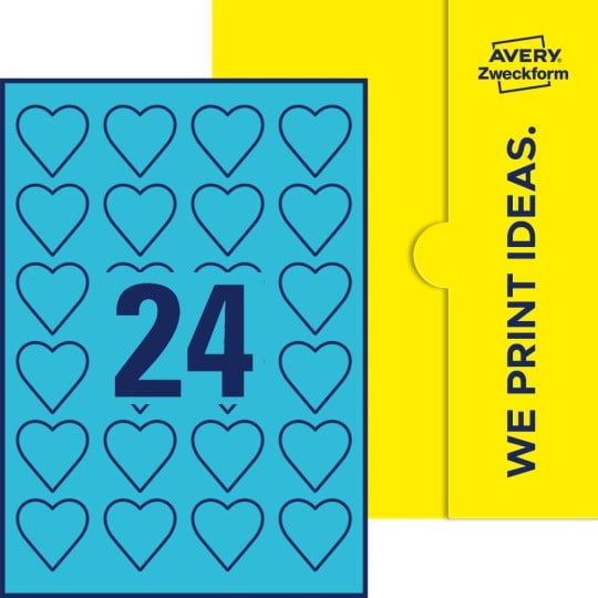 24 stk. hjerteformede etiketter på et ark.