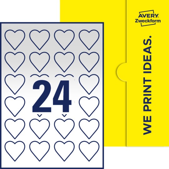 24 stk. hjerteformede etiketter på et ark.