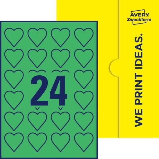 24 stk. hjerteformede etiketter på et ark.