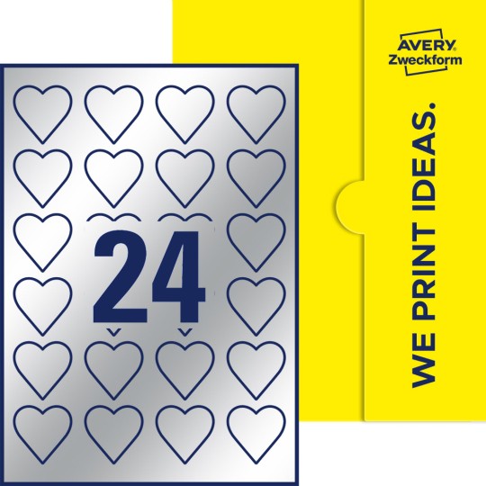 24 stk. hjerteformede etiketter på et ark.