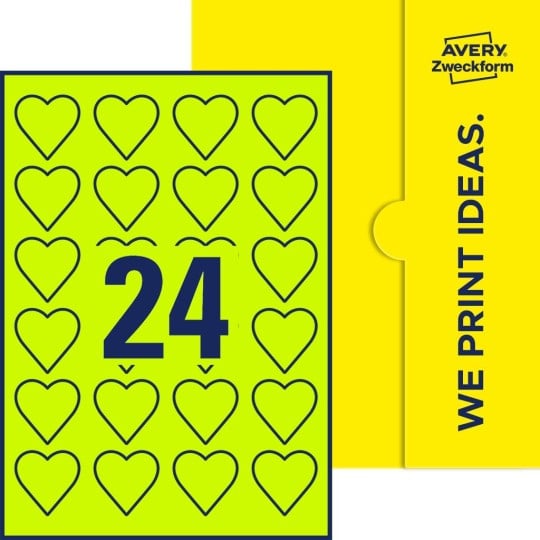 24 stk. hjerteformede etiketter på et ark.