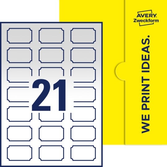 Illustration af: Plaketteformede etiketter, 50 x 30 mm, med gul emballage.
