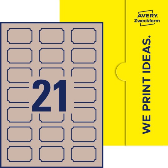 Illustration af: Plaketteformede etiketter, 50 x 30 mm, med gul emballage.