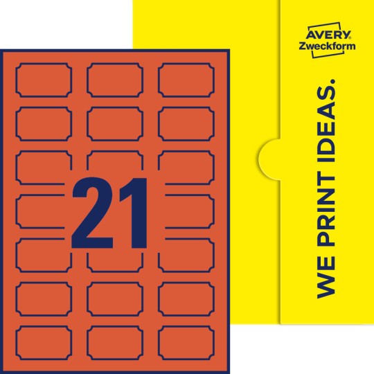 Illustration af: Plaketteformede etiketter, 50 x 30 mm, med gul emballage.