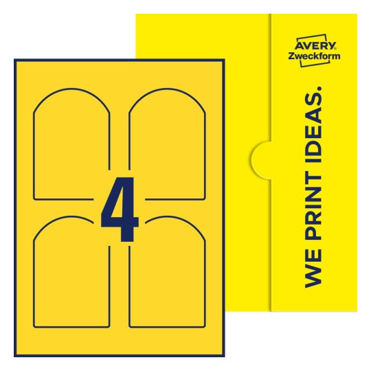 Illustration af: Buede etiketter, 75 x 110 mm, med gul emballage. - Buede etiketter, 75 x 110 mm