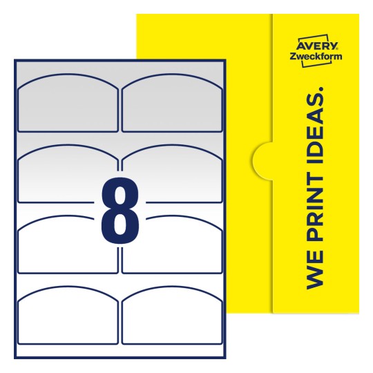 Illustration af: Buede etiketter, 99 x 57 mm, med gul emballage. - Buede etiketter, 99 x 57 mm