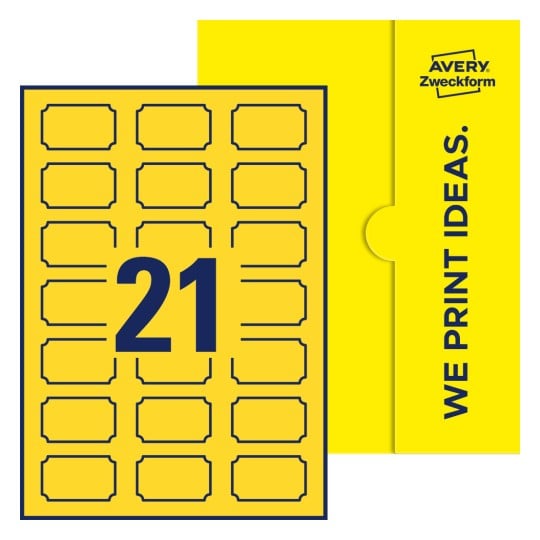 Illustration af: Plaketteformede etiketter, 50 x 30 mm, med gul emballage. - Plaketteformede etiketter, 50 x 30 mm