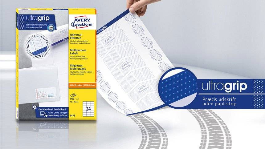 Avery universaletiketter med Ultragrip