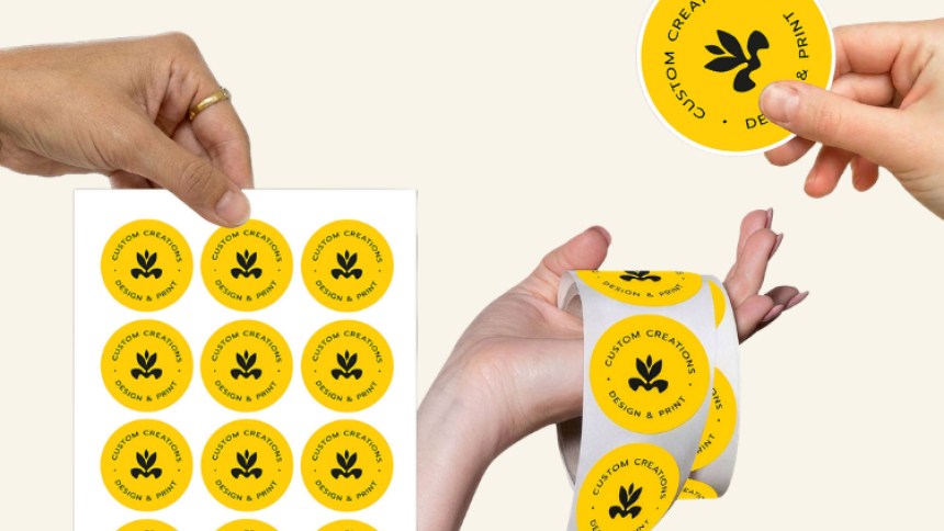 Udsnit af etiketter på ark, rulle og enkeltskåret.