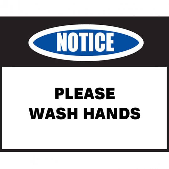 COVID-19 skilt med teksten "Notice - Please Wash Hands"