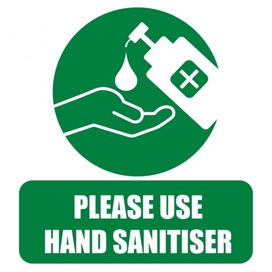 COVID-19 skilt med teksten "Please Use Hand Sanitiser"