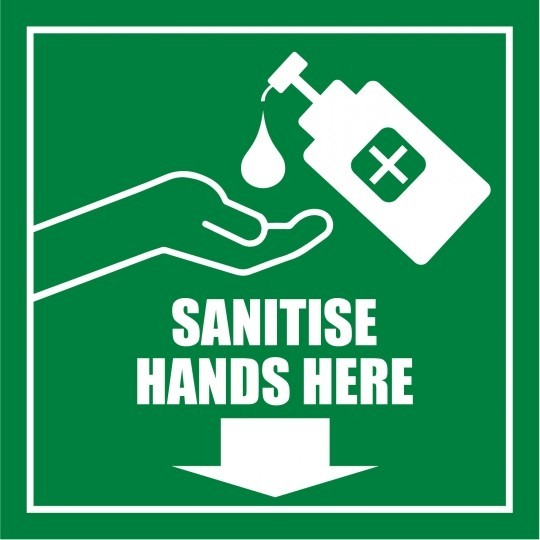 Firkantet COVID-19 skilt med teksten "Sanitise Hands Here"