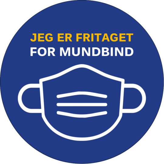 En rund blå etiket  med en maskeillustration og teksten "jeg er fritaget for mundbind"