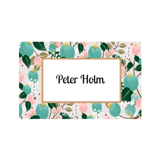 En farverig, rektangulær etiket med et blomsterinspireret rammedesign og din tekst i midten.