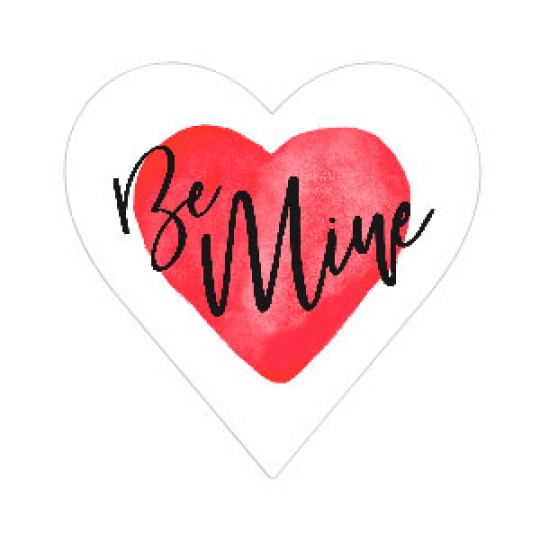 Hjerteformet etiket med en hvid baggrund, et rødt vandfarvehjerte og elegant sort tekst med "Be Mine"