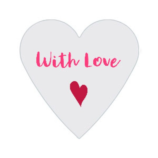 Grålig cirkel med små røde hjerter og pink tekst "With love".
