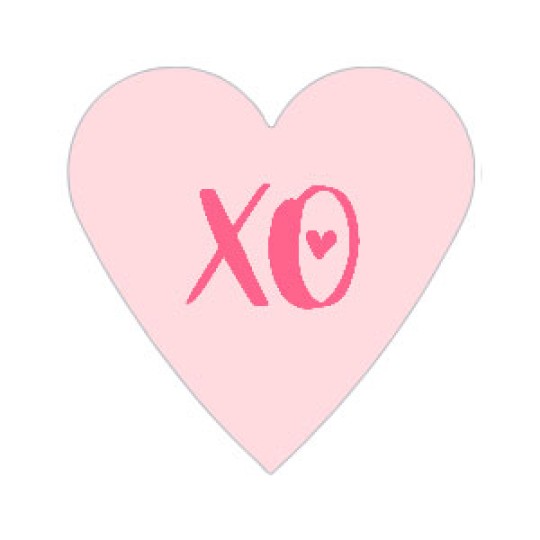 lyserødt hjerteetiket med enkel, pink tekst "XO" og et lille hjerte.