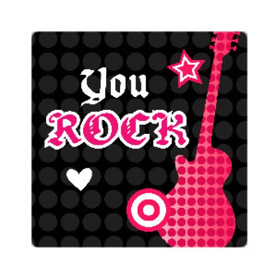 Et rock-inspireret design med en pink guitar, stjerne og hjerte på en mørk baggrund. Teksten "You ROCK" står i en fed.