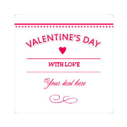 Et simpelt og elegant Valentinskort med rød tekst på hvid baggrund. "VALENTINE'S DAY" står øverst med et hjerte, efterfulgt af "WITH LOVE" og plads til en personlig besked.