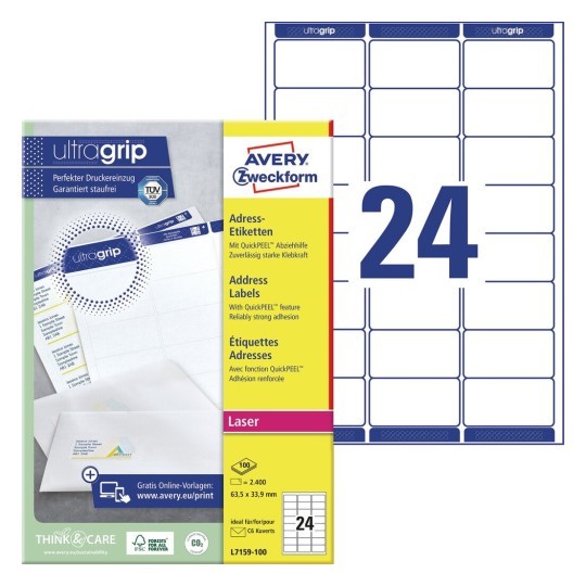 24 stk. etiketter med QuickPEEL™ & Ultragrip på et ark