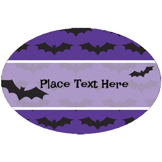 Link til Avery Design & Print - oval etiket i lilla, flagermus og i midten med teksten "Place text here"