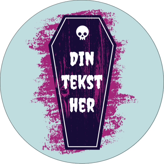 Link til Avery Design & Print - rund etiket i blå med en kiste i lilla og inde i kisten står der "Din tekst her"