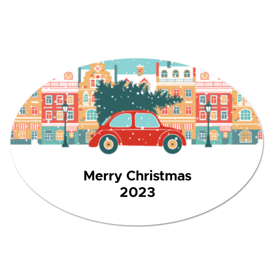 Link til oval juleetiket med bil og teksten ";erry Christmas 2023" i Avery Design & Print