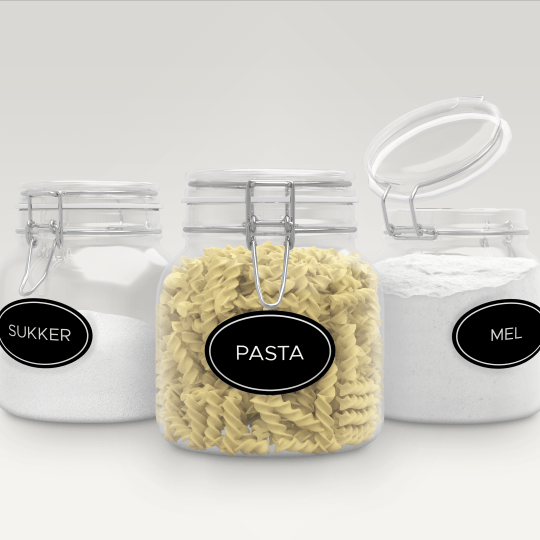 Link til Averys software, Design & Print - find gratis designs på etiketter til organisering i køkkenet (sukker, pasta, mel)
