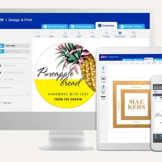 Illustration af Avery Design & Print på desktop, ipad og iphone