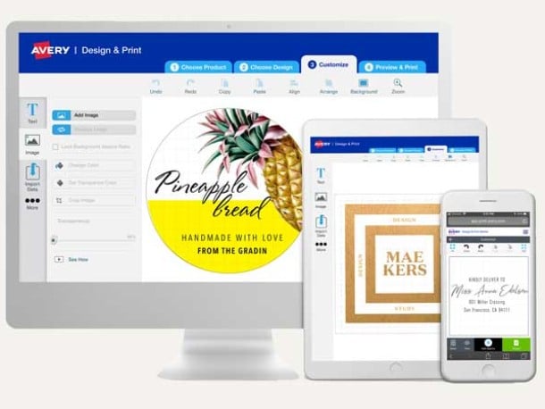 Illustration af Avery Design & Print på desktop, ipad og iphone