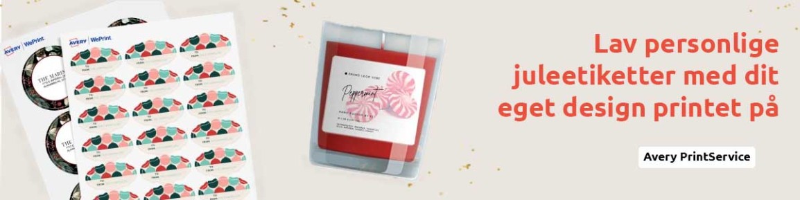 Julebanner linker ind til Avery PrintService og med teksten "Lav personlige juleetiketter med dit eget design printet på"