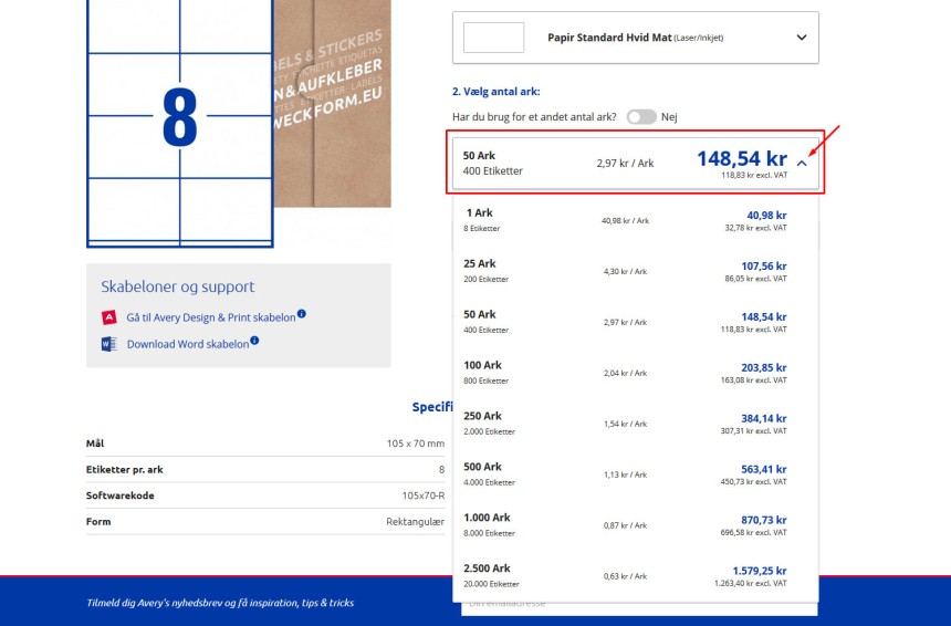 Avery etiketshop - vælg antal ark