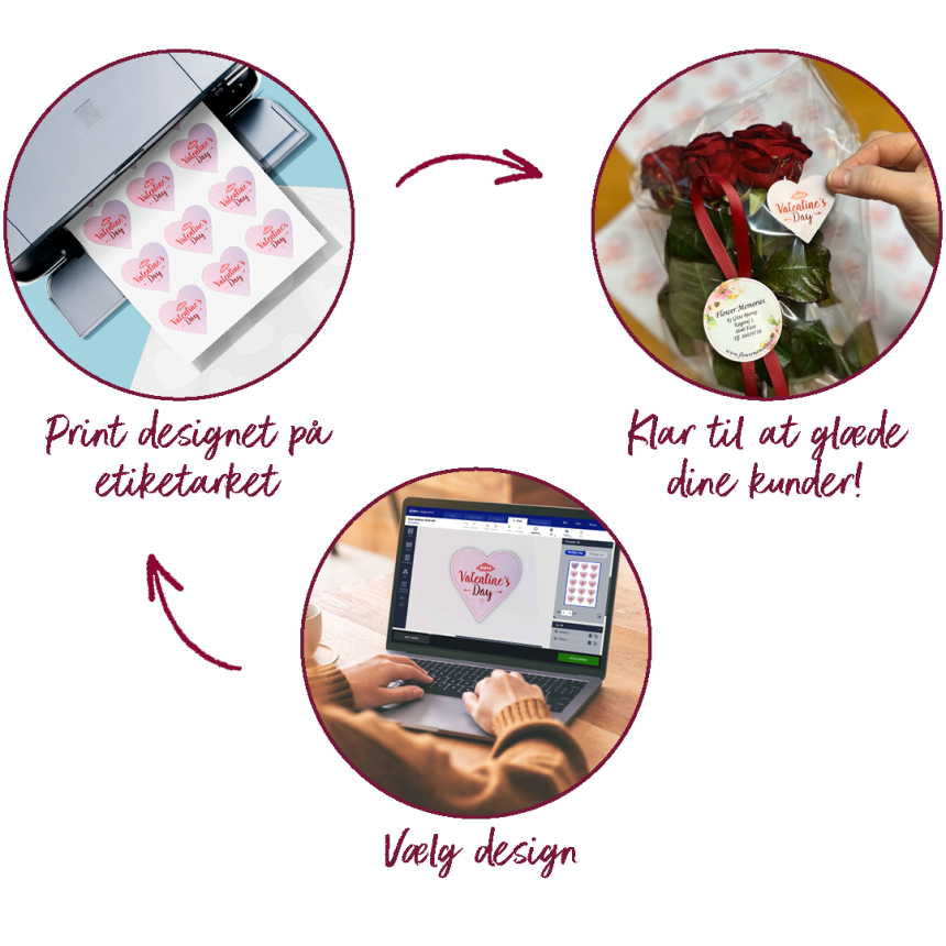 Bliv klar til Valentine's Day. Vælg først design. Print designet på etiketarket. Så er du klar til at glæde dine kunder.