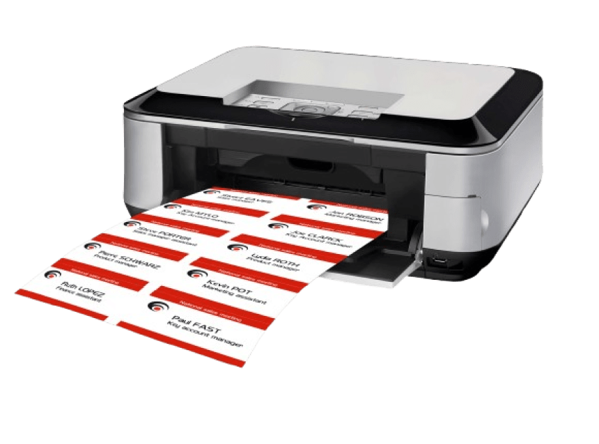 Almindelig printer hvor der printe indstikskort til navneskilte