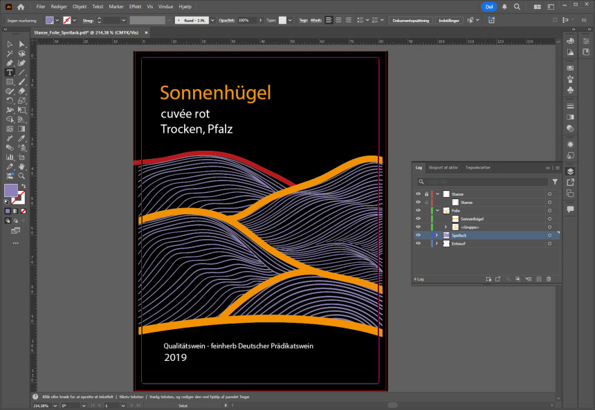 Billedet viser etiketdesignet i Adobe Illustrator med lag værktøjet åbent