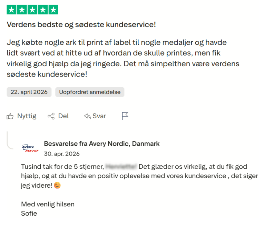 Avery DK Trustpilot anmeldelse "Verdens bedste og sødeste kundeservice!"