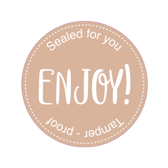 Rund forseglingsetiket med teksten "ENJOY" og "Sealed for you Tamper - proof"