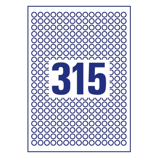 315 stk. Aftagelige runde produktetiketter på et ark