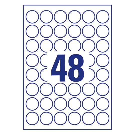 48 stk. Runde produktetiketter på et ark.