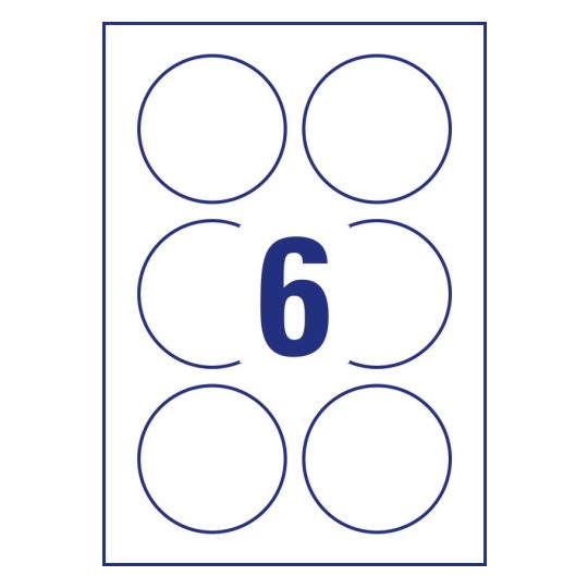 6 stk. Runde produktetiketter på et ark.