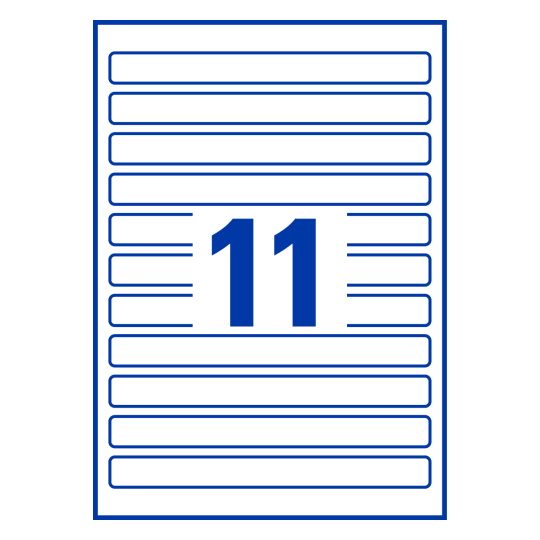 11 stk. firkantede etiketter på et ark.