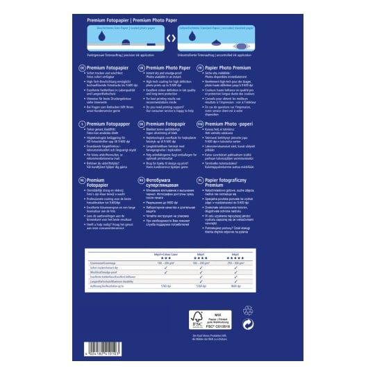 Billedet er en illustration af forskellige sprog, der beskriver Premium Fotopapir, dets funktioner og anbefalinger til de bedste printeresultater. Det angiver specifikationer, fordele og kundesupportinformation.