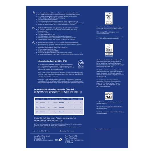 Billedet er en detaljeret oversigt over kvalitetsprinterpapir fra Avery Zweckform. Det inkluderer information om certificeringer som FSC og EU Ecolabel, papiregenskaber og aldersbestandighed i henhold til ISO 9706. Der er også oplysninger om forskellige papirtyper, deres formater, vægte og anbefalede anvendelser til forskellige trykkemetoder.
