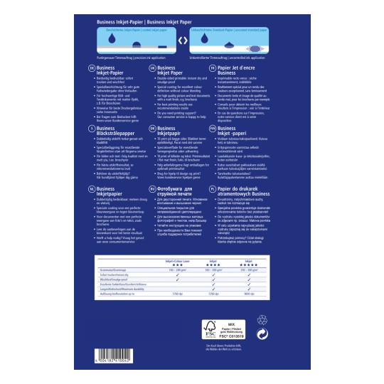 Billedet er et produktinformationsark for Business Inkjet Paper, der beskriver specifikationer på forskellige sprog, herunder tysk, engelsk, fransk, dansk, finsk, hollandsk, russisk og polsk. Det indeholder information om udskriftskvalitet, funktioner og kundesupportmuligheder, sammen med en tabel, der sammenligner forskellige typer af inkjetpapir.