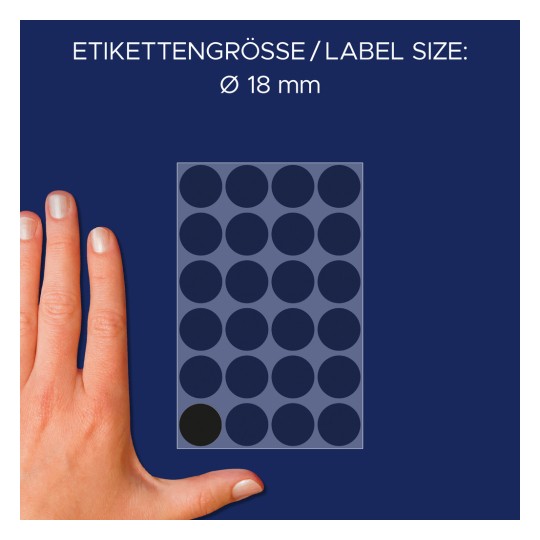 Størrelsessammenligning med hånd, artikel: 3003, et ark markeringspunkter, format: ⌀ 18 mm, farve: sort.