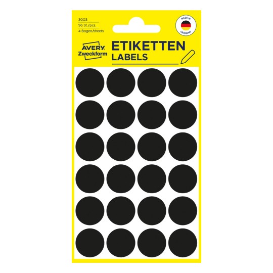 Pakkeillustration: Avery Zweckform Farvede Markeringspunkter, Artikel: 3003, Format: ⌀ 18 mm, Indhold: 96 Markeringspunkter / 4 ark, 24 Markeringspunkter/ark.