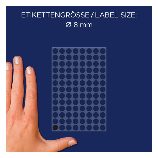 Størrelsessammenligning med hånd, artikel: 3009, et ark markeringspunkter, format: ⌀ 8 mm, farve: sort?
