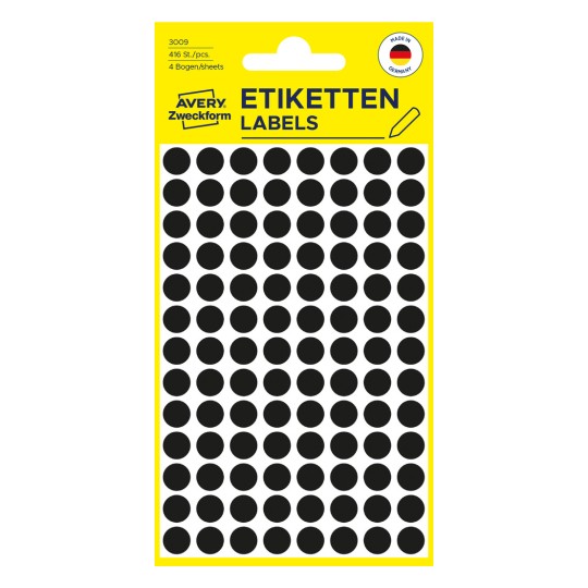Pakningsbillede: Avery Zweckform Farvede Markørpunkter, Artikel: 3009, Format: ⌀ 8 mm, Indhold: 416 Markørpunkter / 4 ark, 104 Markørpunkter/ark