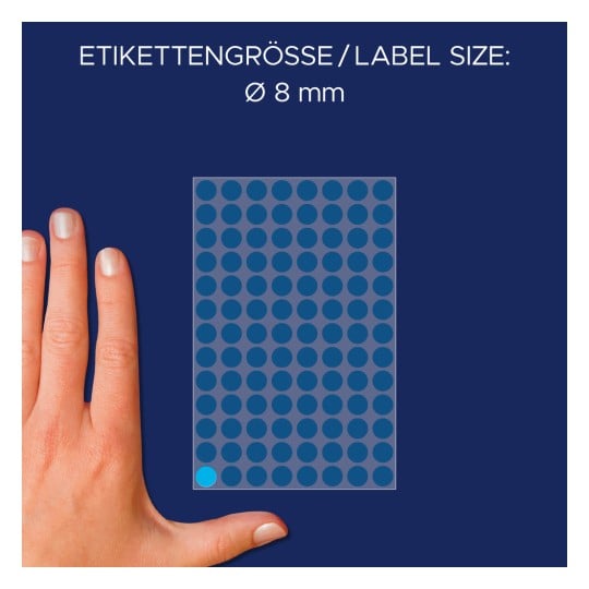 Størrelsessammenligning med hånd, artikel: 3011, et ark mærkningspunkter, format: ⌀ 8 mm, farve: blå?