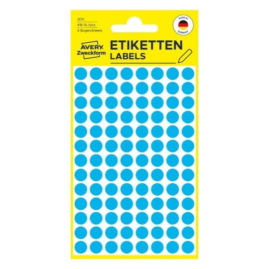 Pakningsbillede: Avery Zweckform Farvede Markeringspunkter, Artikel: 3011, Format: ⌀ 8 mm, Indhold: 416 markeringspunkter / 4 ark, 104 markeringspunkter/ark.